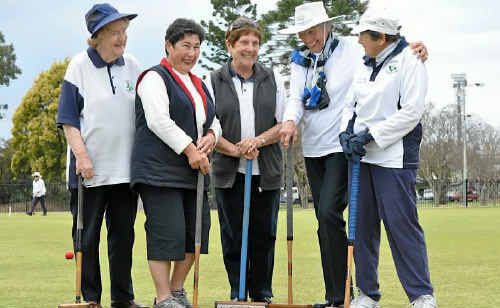 Croquet club members Margaret Thomas, Lesley Grayson, Dorothy Gartery, Joan Featherstone and president Peg Porter ignore threatening clouds. Croquet club members Margaret Thomas, Lesley Grayson, Dorothy Gartery, Joan Featherstone and president Peg Porter ignore threatening clouds.